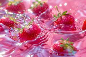 Many strawberries floating in a pink liquid bowl photo