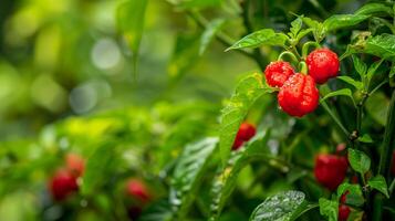 Many red hot carolina reaper peppers growing on the plant in the garden photo
