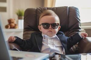 Baby boss wearing sunglasses using laptop in chair photo