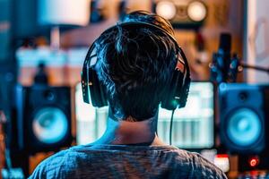 A man with headphones and microphone at computer photo