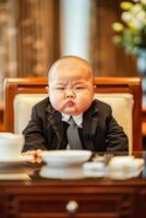 Baby boss sitting with plate of food photo
