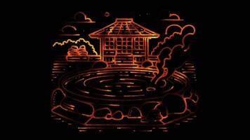 Neon frame effect onsen Japanese hot spring, glow, black background. video