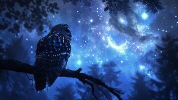 Mystical Owl Under Starry Night Sky in Enchanted Forest photo