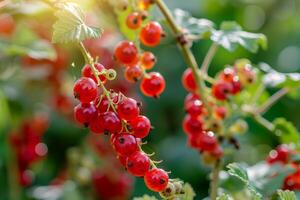 Many red currants berries on the branch of a bush photo