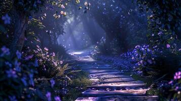 Enchanted Forest Path Illuminated by Moonlight with Blossoming Flowers and Lush Greenery photo