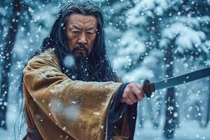 A man in a brown robe holding a knife in the snow photo