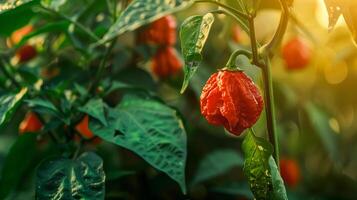 A red chili plant with green leaves in the background photo