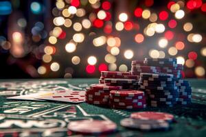 Close-up of table with stack of poker chips and playing cards photo