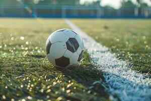 A soccer ball on the grass on a football field photo
