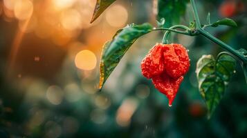 A red chili plant with water droplets on it photo