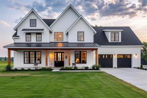 White house with black roof and garage photo