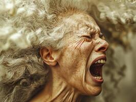 A woman with a very large curly hair and a very angry expression photo