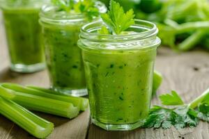 Two glasses of celery juice with celery stalks photo