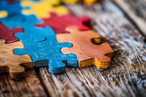 A puzzle piece on wooden surface photo