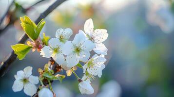A close up of a white cherry flower on a tree photo