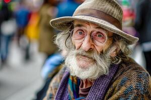 Man with a long beard and a hat walking on a busy city street photo