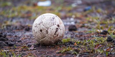 A soccer ball in the soil photo