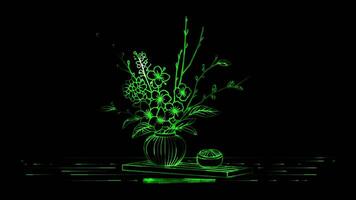 Neon frame effect traditional Japanese Ikebana flower arrangement, glow, black background. video