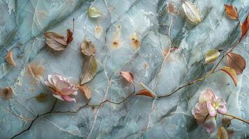 Elegant Marble Surface with Fall Leaves and Floral Arrangement photo