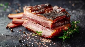 Large bacon pieces and spices on table photo