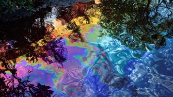 Colorful Oil Slick on Water Surface Creating Iridescent Abstract Reflections of Trees and Sky photo