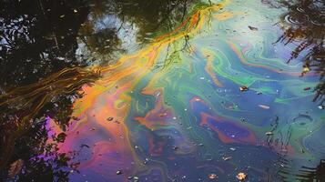 Rainbow Oil Spill on Water Surface with Reflective Nature Background photo