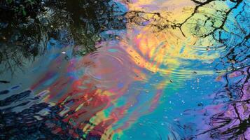 Colorful Oil Slick Reflections on Water with Ripples and Tree Branches photo