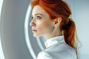 A woman with red hair gazing out of a window photo