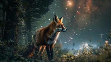 Majestic Fox Gazing at Stars in a Mystical Forest photo