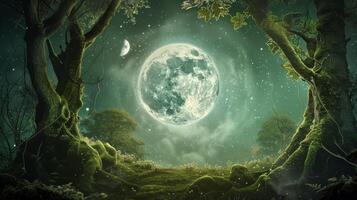 Enchanted Forest Under Full Moon with Scattered Stars and Glowing Trees photo