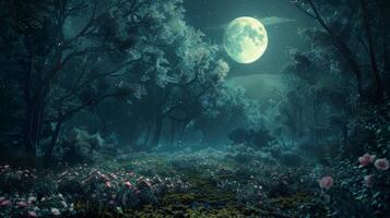 Enchanting Moonlit Forest with Blooming Flowers and Glowing Full Moon at Night photo