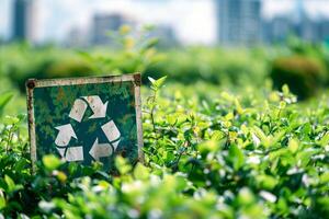 A sign recycle in the center of a meadow photo