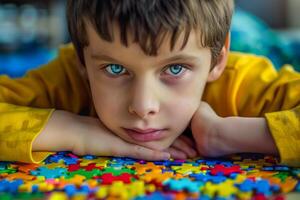 Boy laying on a puzzle photo