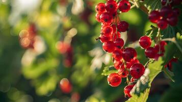 Many red currants berries hanging from from a branch in the sunlight photo