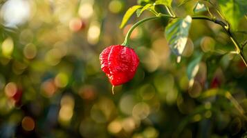 A red carolina reaper pepper growing on a plant photo