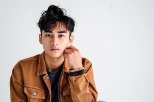 Guy in a brown jacket on a white background photo