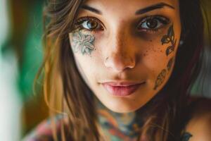 A close up of a woman with tattoos on her face photo