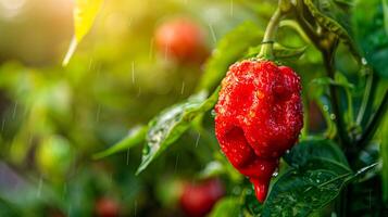A red pepper plant in the rain photo