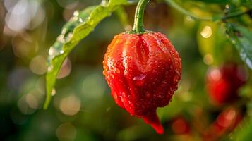 Red carolina reaper pepper hanging with water drops photo