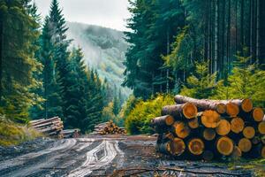 A close up of a pile of logs on a dirt road photo