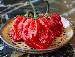 Plate with three red peppers photo