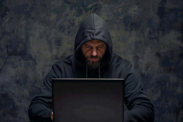 Man in a hoodie sitting at a table with a laptop