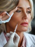 Blond woman receiving injection botox for rejuvenation from nurse in white lab coat photo