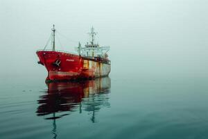 A large red boat floating in the water on a foggy day photo