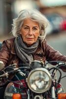 Woman sitting on a motorcycle with a scarf on photo
