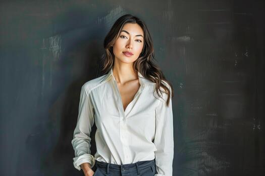 mujer en un blanco camisa y negro pantalones posando para un imagen foto