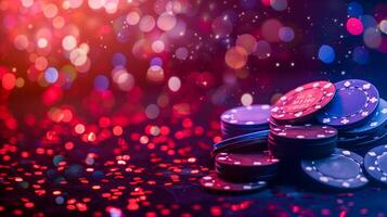 A close up of a pile of poker chips on a table, banner photo
