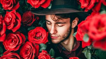 A man in a hat surrounded by red roses photo