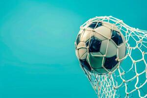 Soccer ball in net against blue backdrop photo