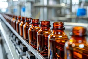 Bottles moving on a factory conveyor with many bottles photo